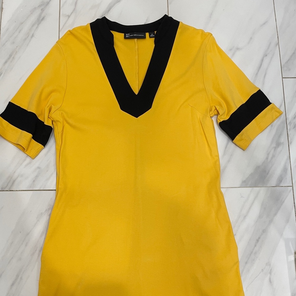 New York & Company Yellow Dress with Black V-Neck Trim